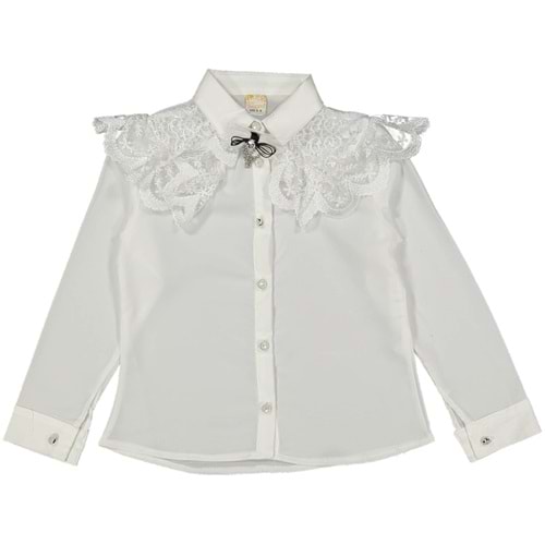 114839 KIZ 9/12 YAŞ FIRFIRLI DANTELLİ YAKASI İNCİLİ GÖMLEK - BEYAZ - 9-10 YAŞ