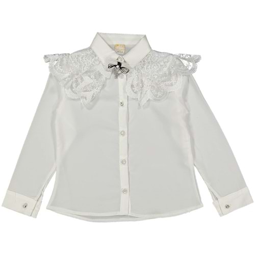 114836 KIZ 5/8 YAŞ DANTEL YAKALI BROŞLU GÖMLEK - BEYAZ - 5-6 YAŞ