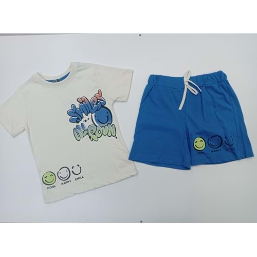 402692 Gülen Yüz Baskılı Şortlu Erkek Takım 3Y,4Y,5Y,6Y - KREM - 5-6 YAŞ