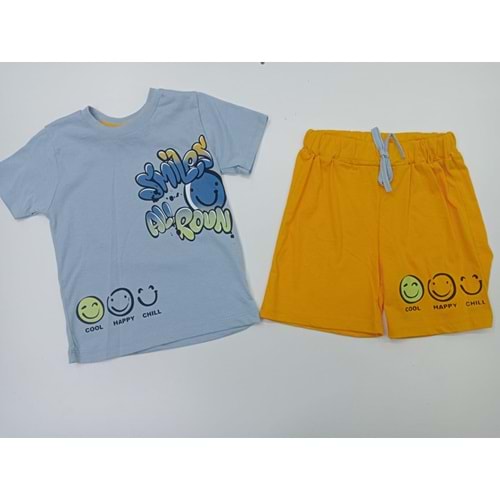 402692 Gülen Yüz Baskılı Şortlu Erkek Takım 3Y,4Y,5Y,6Y - MAVİ - 4-5 YAŞ