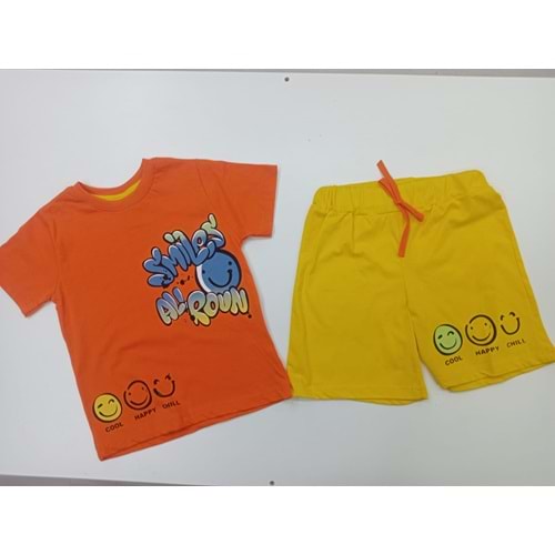 402692 Gülen Yüz Baskılı Şortlu Erkek Takım 3Y,4Y,5Y,6Y - TURUNCU - 5-6 YAŞ