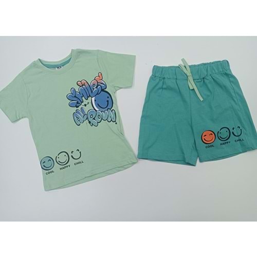 402692 Gülen Yüz Baskılı Şortlu Erkek Takım 3Y,4Y,5Y,6Y - YEŞİL - 4-5 YAŞ