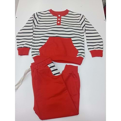 410290 Çizgili Kanguru Cepli Erkek Takım 3Y,4Y,5Y - KIRMIZI - 2-3 YAŞ