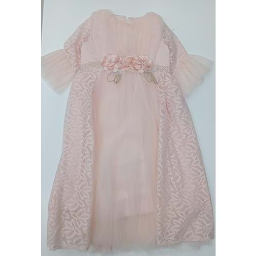 1279 TÜLLÜ DANTELİ ELBİSE - PUDRA - 7-8 YAŞ